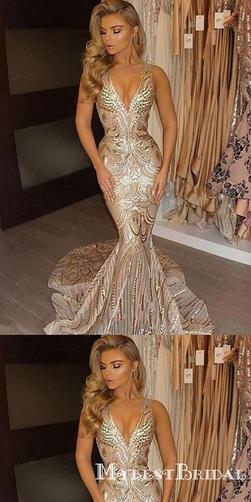 Deep V-Neck Mermaid Gold Beaded Prom ...